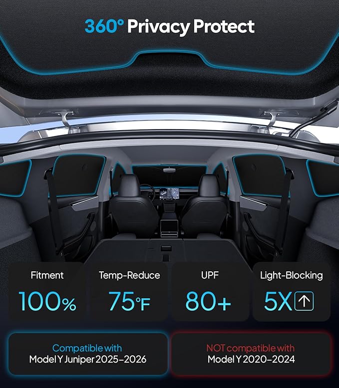 Wigoo 2026 Upgrade 8PCS Full Set Window Sunshade for Tesla Model Y Juniper 2025-2026 [7-Layer Cooler & Blacker, Ice-Crystal Tech] with Windshield for Sun Block, Baby, Camping, Privacy Napping, Relax