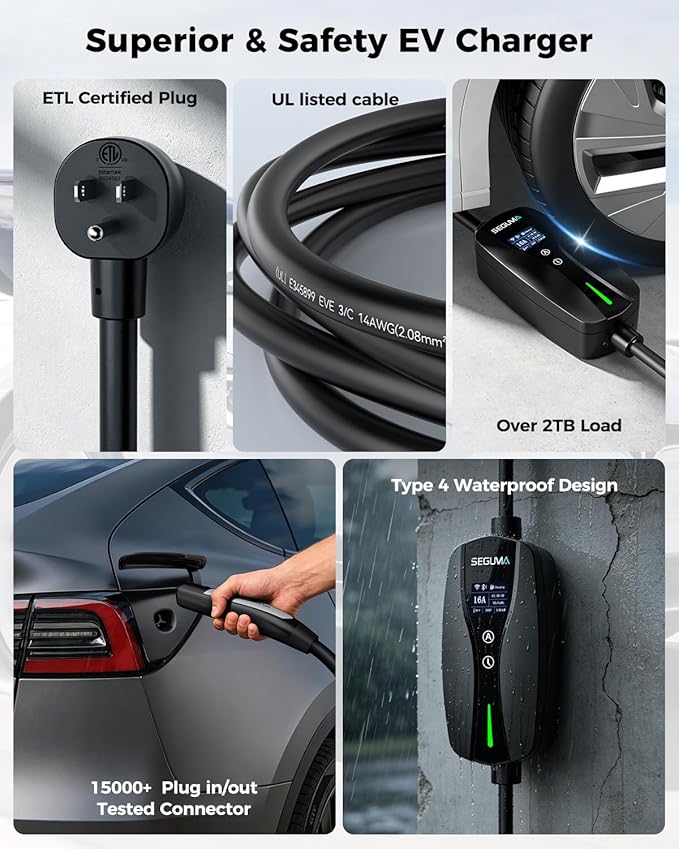 SEGUMA NACS Charger for Tesla with APP, 6-16A ETL Certified Level 1/2 Portable EV Charger, 120V/240V Dual Voltage with NEMA 5-15 Plug & 6-20 Adapter, 25FT Cable, IP66 Waterproof, Home Outdoor Station