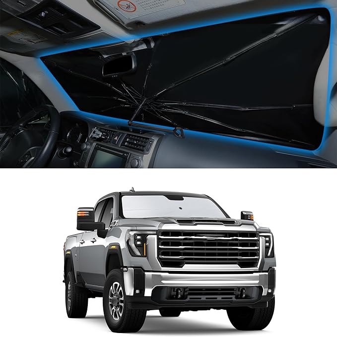 Windshield Sun Shade Umbrella Custom Fit for 2019-2026 GMC Sierra 1500 2500 3500 Accessories Foldable Sunshade Sun Blocker Protect Car from Sun Rays & Heat Damage Keep Car Cooler
