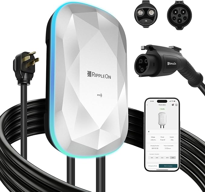 RIPPLEON Level 2 EV Charger - Dual Plug Type Universal Wall Connector Nema Plug-in - Compatible for All North American EVs - 40Amps 240V Tesla Wall Charger, UL, FCC, Energy Star Certified Grey