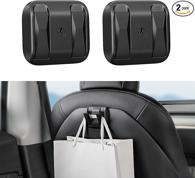 2 Pack Foldable Car Seat Hooks for Tesla Model Y Model 3 Accessories 2026 2025 2024 2023 2022 2021 (Includes Model Y Juniper and Model 3 Highland), Anti-Drop Purse Holder Seat Back Hanger (Black)
