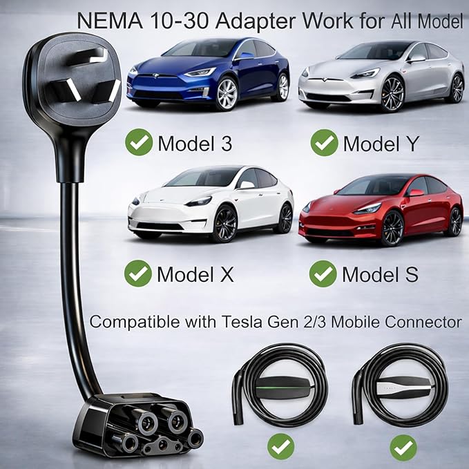 for Tesla NEMA 10-30 Adapter, Tesla Mobile Charger Adapter for Gen 2 and 3 ONLY, 240V Plug & 10-30 Outlet at 24 Amp 10-Inch