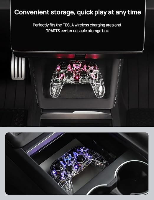TPARTS Wireless Game Controller for Tesla Model 3/Y/S/X, Multi-Device Crystal Clear Controller with 7-Colors LED Mode Special Programmed and Design For Tesla/Switch/STEAM Deck/PC(1 pc)
