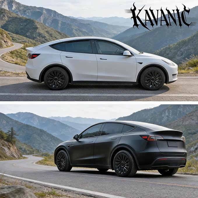 KAVANIC 4PCS Wheel Covers Fits for Tesla Model Y 19 Inch Matte Black Support Long Range Logo Symmetry Design Uberturbine Style fits for Model Y Gemini 2020-2024 Hubcaps Replacement (RWD/AWD)