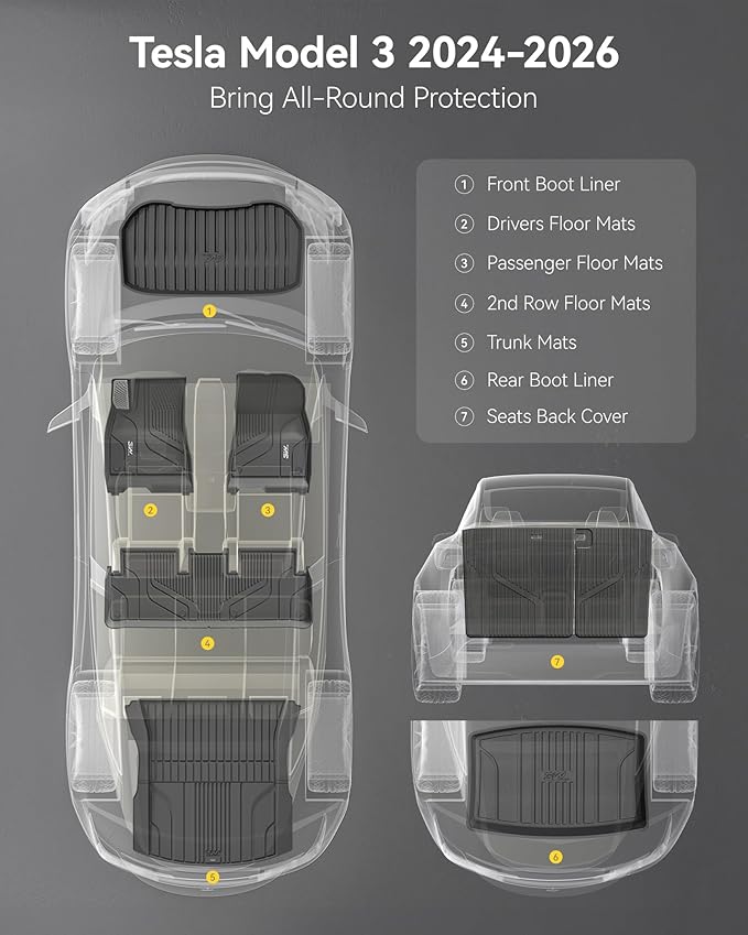 3W Tesla Model 3 Floor Mats 2026 2025 2024 with Mental Pedal, Full Set with Seatback Protector, Highland All Weather Custom Fit Rear Trunk Mat Accessories Black