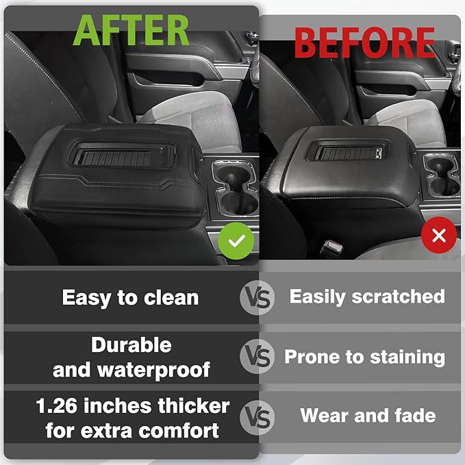 Muslogy Center Console Armrest Cover Fit for Chevy Silverado & GMC Sierra 1500 2500 3500 2014-2018 Accessories, Comfort Armrest Pad Console Lid Cushion Vegan Leather 1-Inch Extra Thick(Bucket Seat)