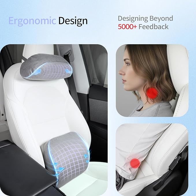 Farmogo Car Headrest Pillow & Lumbar Support Pillow Set for Tesla Model 3/Y/S/X Accessories, Suede Memory Foam Neck & Back Support, Removable Washable Cover - Gray