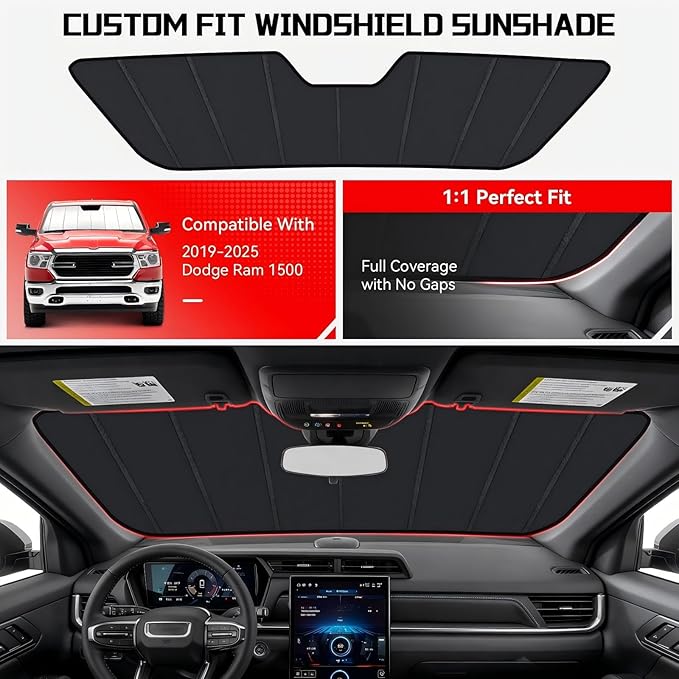 Windshield Sun Shade Custom Fit for Dodge Ram 1500 2019-2025, Accordion Folding Thick Window Sunshade Block Heat 99% UV Rays Sun Visor Keep Cooler Car Accessories