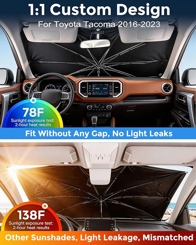 [2026 Upgraded] Weektic Custom Windshield Sun Shade Umbrella for Toyota Tacoma 2016-2023, [Double Thickened Ice Crystal Coating] Sun & Heat Protection, Keep Vehicle Cool & Protect Interior