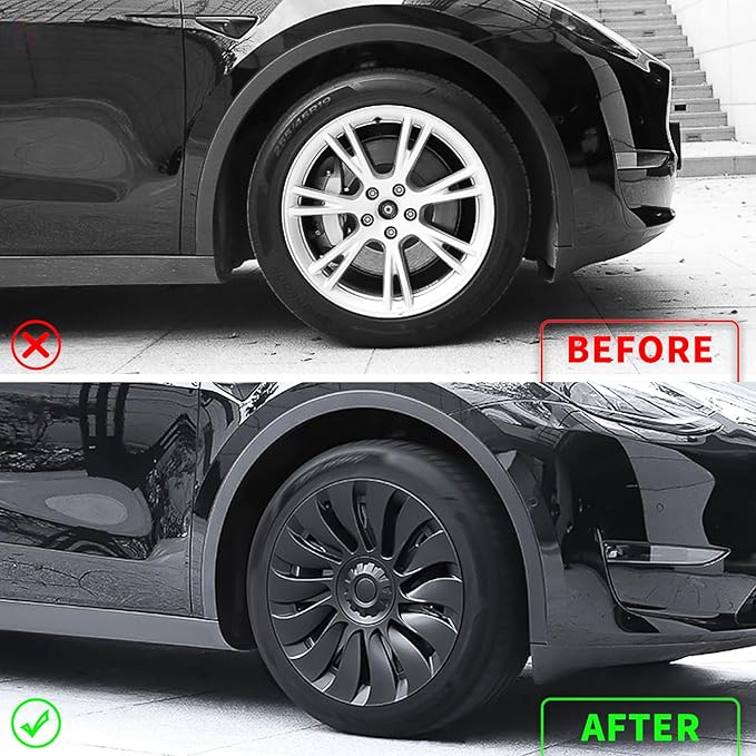 Tesla Model Y Wheel Covers 19 Inch 2020-2024 Uberturbine Tesla Model Y Uberturbine Hubcaps Left-Right Aero Symmetry, Matte Black, Wind Drag Reduction Model Y Accessories with Tire Repair Kit (4 Pack)