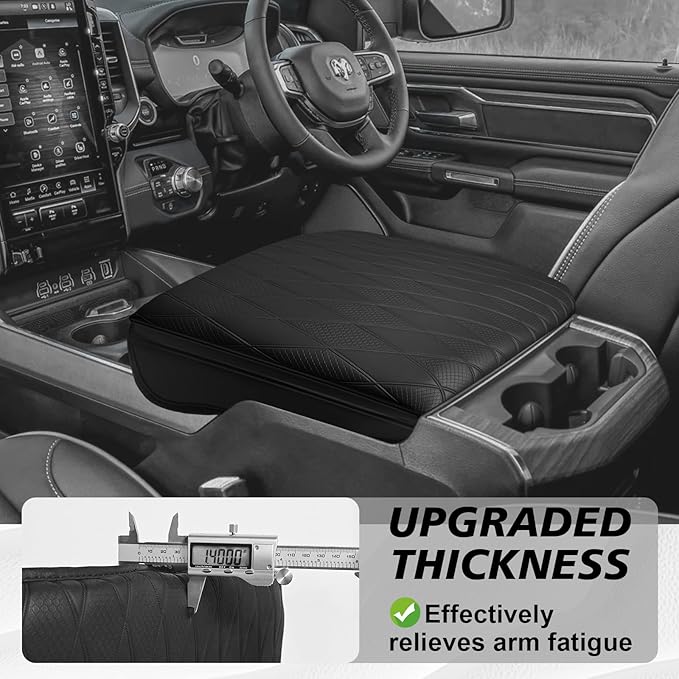 Muslogy Center Console Armrest Cover Fit for Ram 1500 2500 3500 2019-2026 Accessories, Comfort Armrest Pad Console Lid Cushion Vegan Leather 1-Inch Extra Thick, Bucket Seat ONLY (V2 Diamond Pattern)