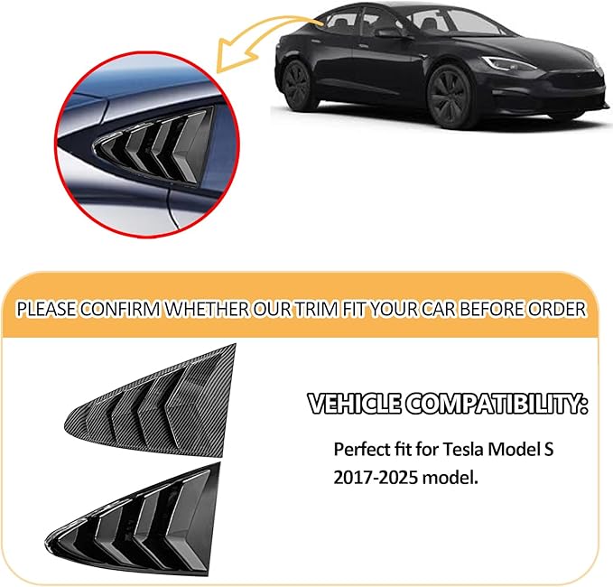 Window Louvers Fits for Tesla Model S 2017-2024 2025 Accessories Rear Side Window Louvers Windshield Sun Shade Cover Auto Exterior Decoration Trim Accessories(Bright Black)