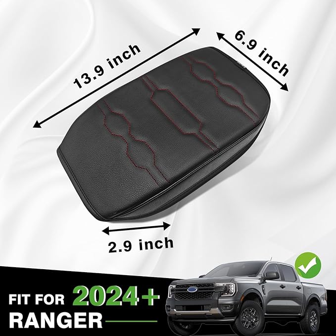 Muslogy Center Console Armrest Cover Fit for Ford Ranger 2024 2025 2026 Accessories, Comfort Armrest Pad Console Lid Cushion Vegan Leather Regular Thick(Black/Orange Trim)