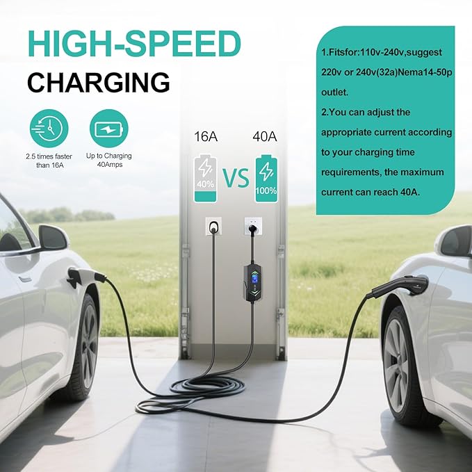 40Amp Level 2 EV Charger,9.6KW Fast Charging,(WiFi APP/Plug-Play),240V NEMA 14-50 Plug,25ft ETL Listed Cable/J1772 Connector,Adjustable Current 6A-40A,Delay Timer,Electric Vehicle Charging Stations