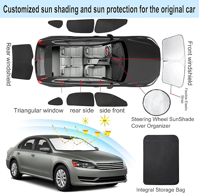 8PCS YYCKE Window Shades for Passat 2012-2022 for Volkswagen VW Accessories Car Side Full Windows Rear Triangular Windshield Sun Shade Sun UV Rays & Privacy Protection for Camping,Napping,and Relaxing
