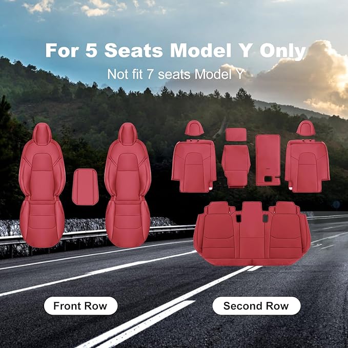 Tesla Model Y Car Seat Covers Nappa Leather Car Interior Seat Airbag Compatible Cushion Cover Full Set Custom Fit 2024 2023 2022 2021 2020, Nappa Wine Red