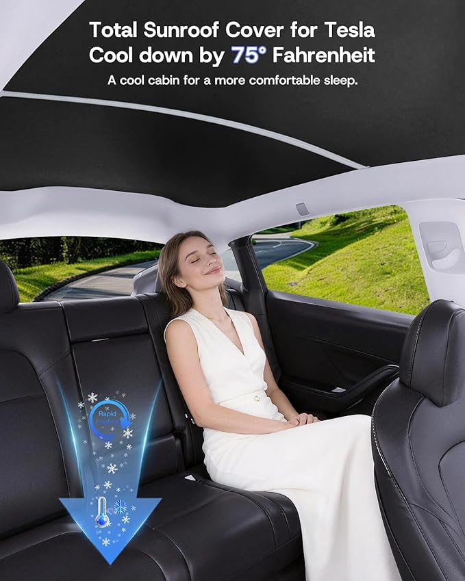 Upgraded Sunshade Roof for Tesla Model Y Juniper Accessories 2025 2026, [Graphene Infused Fabric& UPF 50+ & No-Sag] Heat Insulation Class Roof Sun Shade for Tesla Model Y Accessory, Black, 2PCS