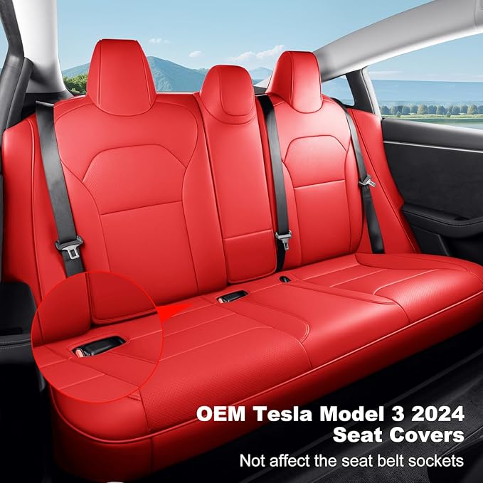 2024-2025 Tesla Model 3 Highland Upgraded Car Seat Covers Nappa Leather Car Interior Airbag Compatible Cushion Cover Full Set Custom Fit Model 3, Nappa Bright Red