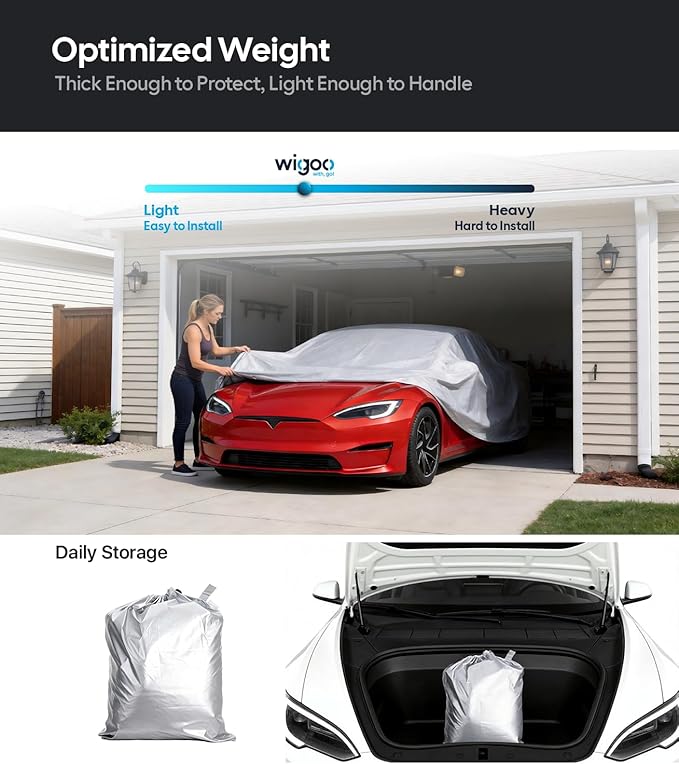 Wigoo Tesla Model S Car Cover Accessories 2012-2026, Custom Fit Waterproof All Weather Outdoor Full Car Cover, Windproof UV Rain Snow Dust Protection, Door Zipper, Charging Port, Ventilated Mesh