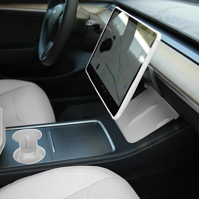 3PCS Center Console Accessories for Tesla Model Y 2021-2024 and Model 3 2021-2023 Cup Holder Insert, Screen Edge Protector Frame, Silicone Wireless Charger Mat, White