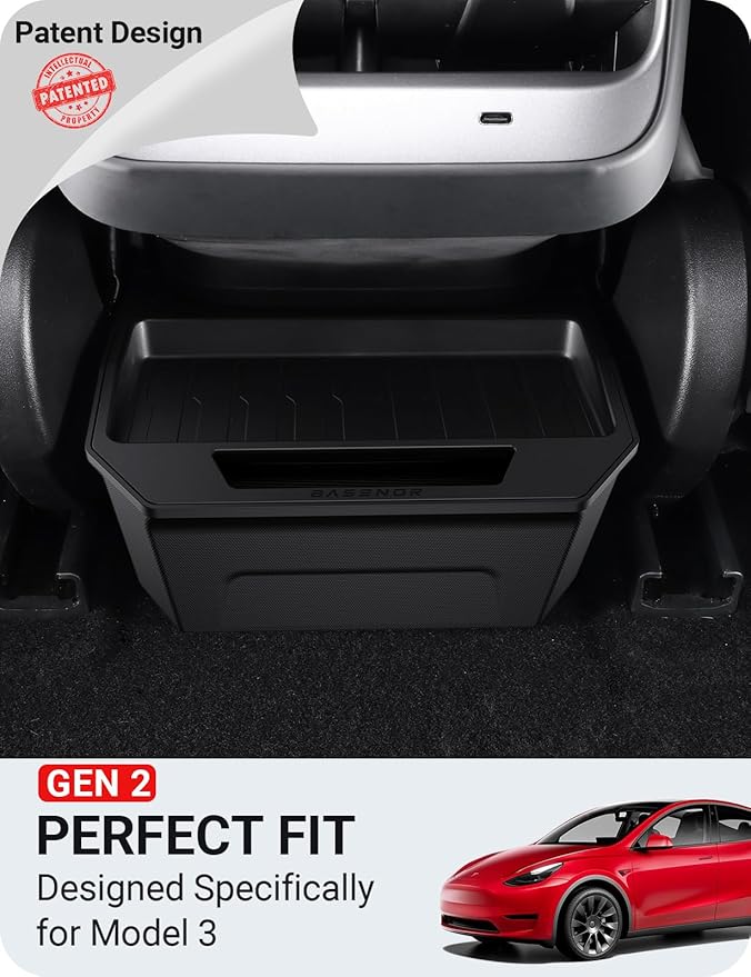 BASENOR 2017-2023 Tesla Model 3 Trash Can, Rear Center Console Organizer Tray, Backseat Storage Box with Lid Cover for Model 3 Interior Accessories(Not Fit 2024 2025 Model 3)