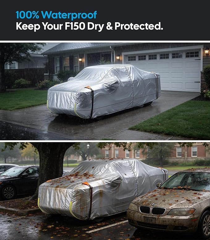 Wigoo Ford F150 F250 F350 F450 Truck Car Cover Accessories 2015-2026, Waterproof All Weather Outdoor Full Pickup Cover, Windproof UV Rain Snow Dust Protection, Door Zipper, Reflective Safety Strips