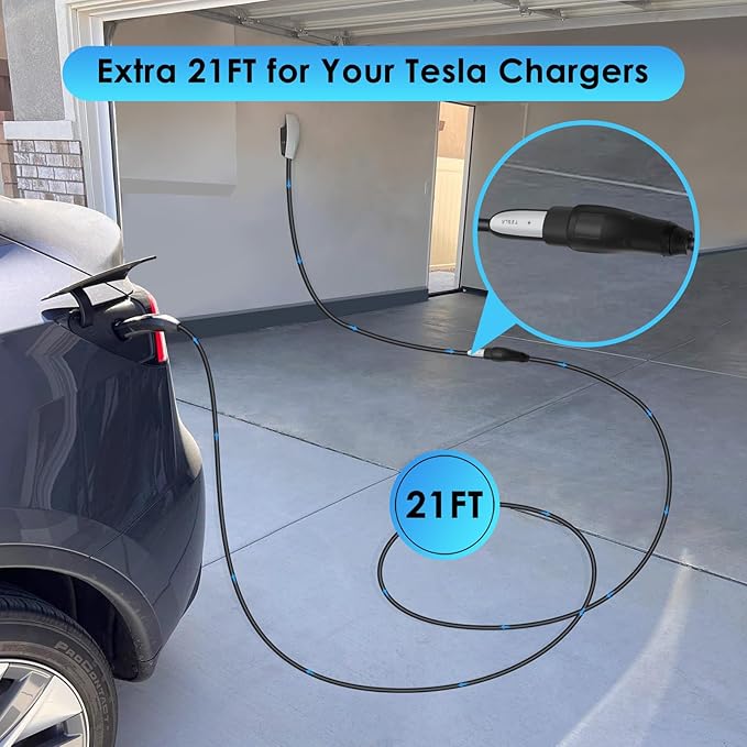 NACS Extension Cable Cord, Charging Extension Cable for Tesla, 21ft 50A 240V 12Kw, Compatible with Tesla & NACS Level 1 & Level 2 Mobile Charger Wall Connector for Model Y/X/3/S/Cyber-truck