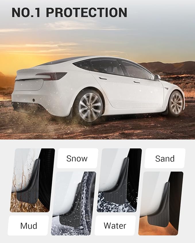 BASENOR for Tesla Model 3 Highland Mud Flaps 2024-2026, Aerodynamic No-Drilling Splash Guards, All-Weather Paint Protection Kit, Tire Protector New Model 3 Accessories - Set of 4