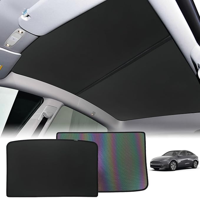 [2025 Upgrade] Sunshade Roof for Tesla New Model Y 2025 Juniper Colorful Ice Crystal Glass Sun Shade No-Sag Design Retractable Sunshade Heat Insulation Roof Window Sun Protection Foldable(Black)