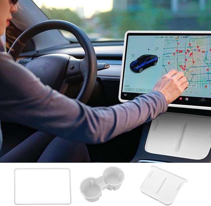3PCS Center Console Accessories for Tesla Model Y 2021-2024 and Model 3 2021-2023 Cup Holder Insert, Screen Edge Protector Frame, Silicone Wireless Charger Mat, White