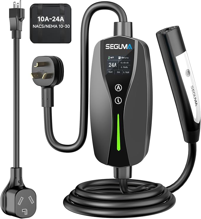 SEGUMA Level 1/2 Tesla Charger (10A-24A)-Dual Voltage 240V NEMA 10-30 3-Prong Dryer Outlet Plug & 120V NEMA 5-15 Adapter, 25ft Extension Cable, Portable Home Mobile NACS Connector for Model Y/3/S/X