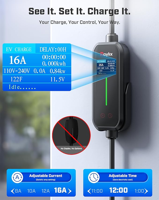 2026 Upgraded Level 1&2 Tesla Mobile Charger, 8-16Amp Adjustable Current & Timer, 110V–240V, NEMA 5-15 & 6-20 Plug, 21ft Tesla Charging Cable, Mobile Connector for Tesla Model Y/3/X/S/Cybertruck