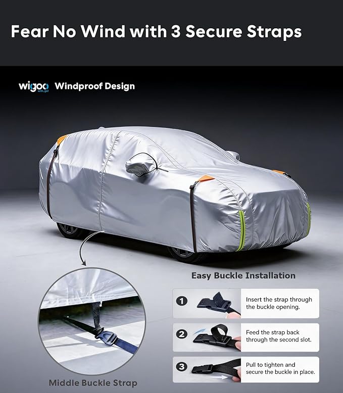Wigoo Tesla Model S Car Cover Accessories 2012-2026, Custom Fit Waterproof All Weather Outdoor Full Car Cover, Windproof UV Rain Snow Dust Protection, Door Zipper, Charging Port, Ventilated Mesh