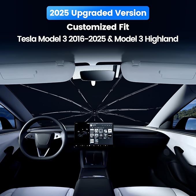 Windshield Sun Shade Umbrella for Tesla Model 3 2016-2025 Highland,Heat Blocking Keep Car Cool,UV Protection Windshield SunShade, Emergency Rain Shield&Dashboard Protector-Thickened Icy Silver