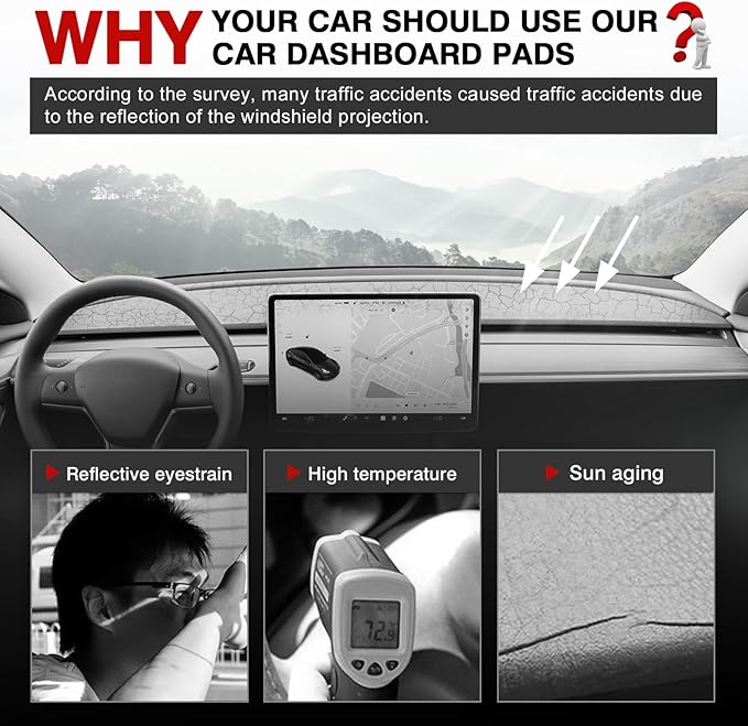 Autorder Dashboard Cover Mat for Tesla Model 3 Highland 2024 2025 2026 Accessories Dash Cover Upgrade Flannel Dash Mat Sunshade Glare UV Rays Protector