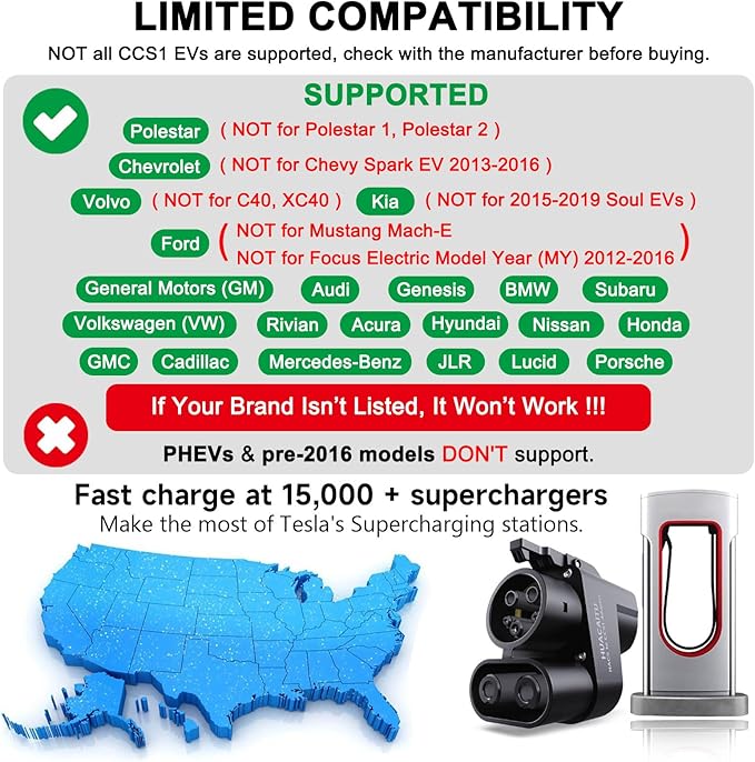Tesla Supercharger Adapter, NACS to CCS Adapter, Fast Charge Your CCS1 EV at Tesla Superchargers, Electric Vehicle Charging Accessories for Ford, Rivian, GM, Volvo and Polestar EVs