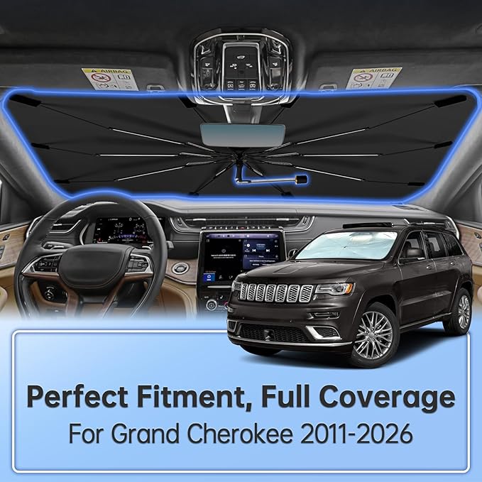 Windshield Sun Shade Umbrella for Jeep Grand Cherokee 2011-2026, 360 Rotation Car Sunshade, Highly Reflective Front Window Sun Shield Visor for UV Protection, Keep Car Cool Accessories
