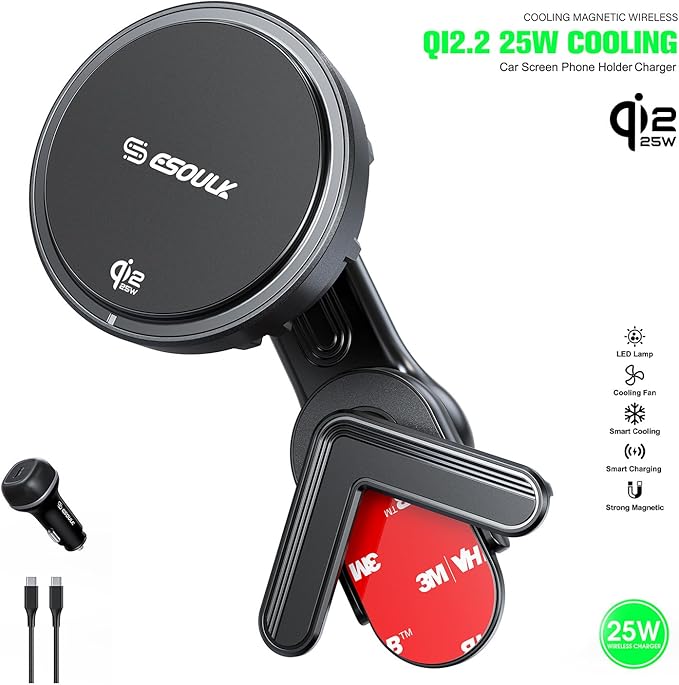 Esoulk Qi2-Certified 25W Fast Wireless Phone Charger, Magnetic Phone Mount Charger with Cooling Fan, Wireless Phone Charger, Magnetic Car Phone Holder for Tesla Model S 3 X Y, iPhone 17/16/15/14/13/12