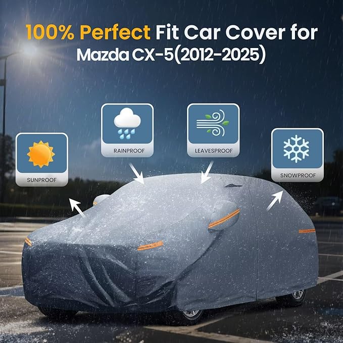 Waterproof Mazda CX-5/CX5(2012-2026) Car Cover with Breathable Vents, [2026 Upgrade] Premium Covers with Cotton Liner and Zipper Door, Sun Rain Snow Dust Uv Protection.(Gift with Towel)