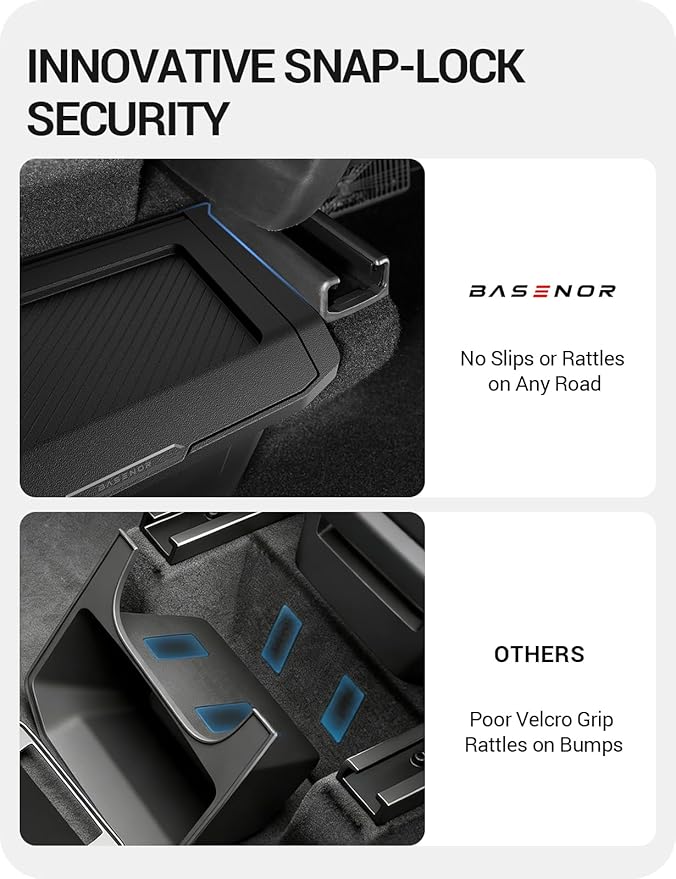 BASENOR 2026 2025 Tesla Model Y Juniper Rear Center Console Organizer, TPE Dustproof Trash Can with Anti-Slip Lid Garbage Bin Backseat Storage Box for Model Y Premium/Performance