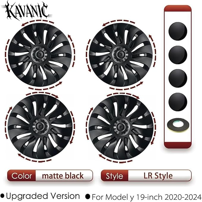 KAVANIC 4PCS Wheel Covers Fits for Tesla Model Y 19 Inch Matte Black Support Long Range Logo Symmetry Design Uberturbine Style fits for Model Y Gemini 2020-2024 Hubcaps Replacement (RWD/AWD)