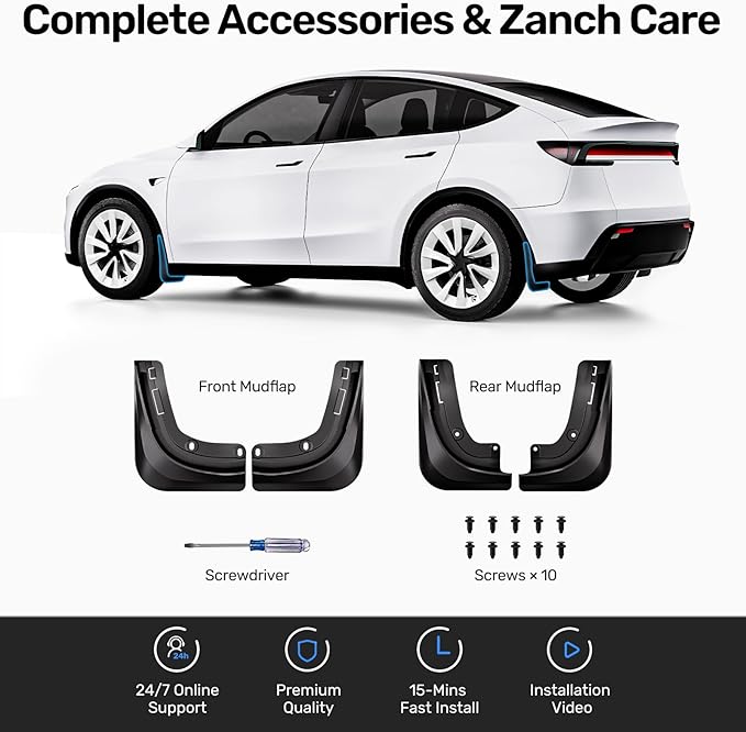 Zanch 2026 Upgraded Tesla New Model Y Juniper Mud Flaps [No Drilling & Protect Paint], OEM Design, Thick & Durable, Custom Fit for Tesla New Model Y 2025-2026 (Set of 4)