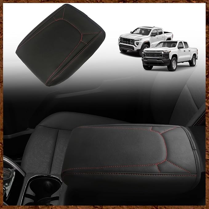 Muslogy Center Console Armrest Cover Fit for Chevy Colorado/GMC Canyon 2023-2025 2026 Accessories, Comfort Armrest Pad Console Lid Cushion Vegan Leather Regular Thick(Red Trim)