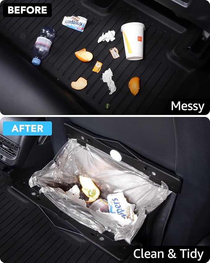 Motrobe Tesla Model 3 Trash Can 2017-2023 Garbage Bag [Magnetic+LED 2-in-1] Waterproof Backseat Hanging Garbage Bin with 2.5 Gallons Faux Leather Model 3 Interior Accessories