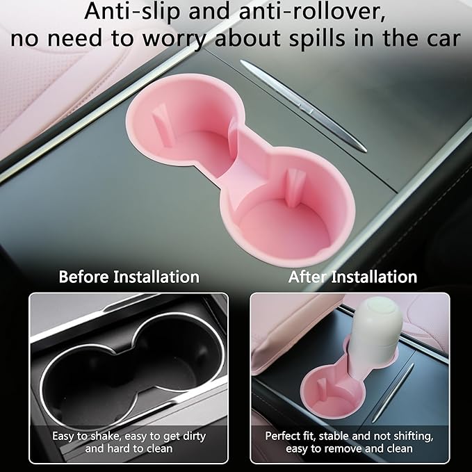 3PCS Center Console Accessories for Tesla Model Y 2021-2024 and Model 3 2021-2023 Cup Holder Insert, Screen Edge Protector Frame, Silicone Wireless Charger Mat, Pink