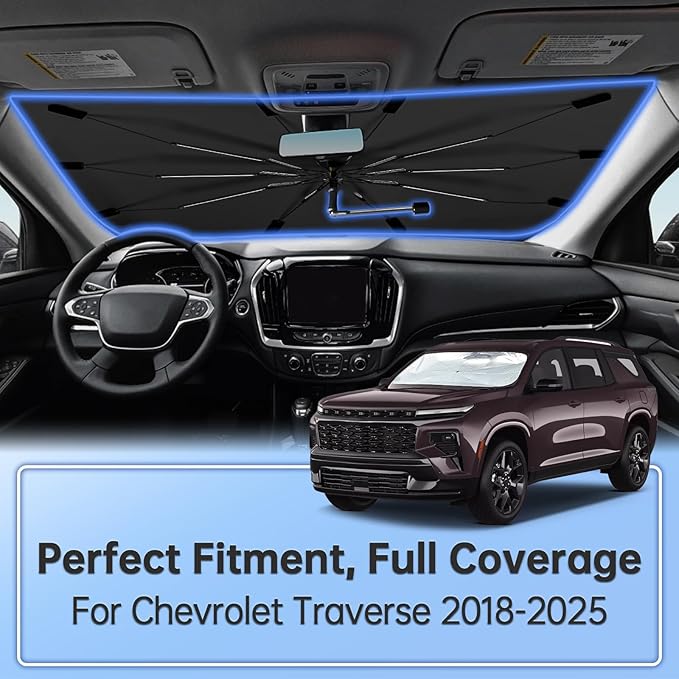 Windshield Sun Shade Umbrella for Chevrolet Traverse 2018-2026, Foldable Car Sunshade for Front Window, Highly Reflective Auto Sun Shield Visor for UV Protection, Keep Car Cool Accessories