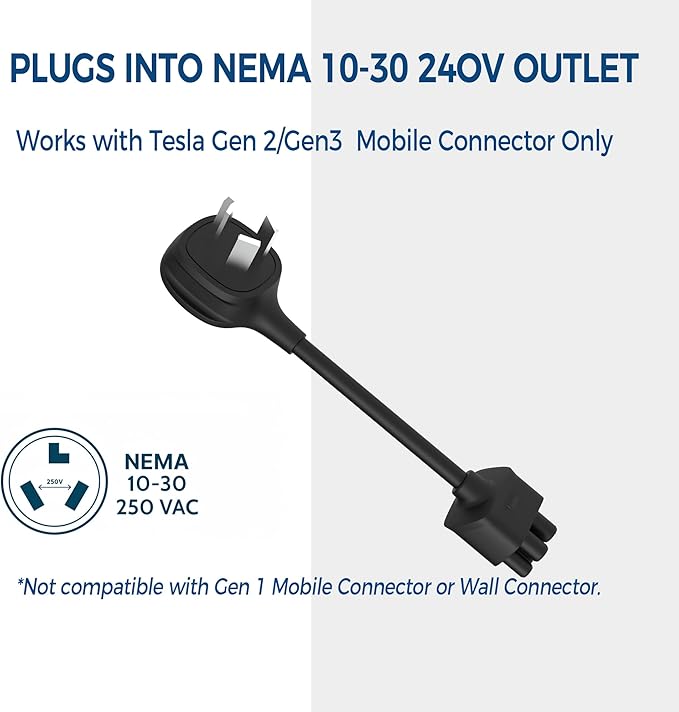 Premium Adapter for Tesla Gen 2/Gen 3 Mobile Charger | Connect to 240V Outlet | 24 Amp Charging | 10 Inch Length (NEMA 10-30)