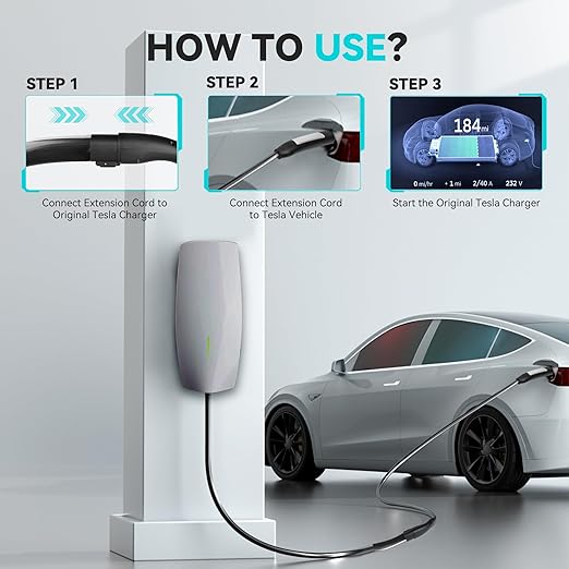 Tesla Extension Cord 21ft, High Power Max AC 50A 12KW Charging Cord with NACS Plug, Reliable EV Extension Charging Cable for Model 3/Y/S/X/Cybertruck, Works with Tesla Mobile Connector & Wall Charger