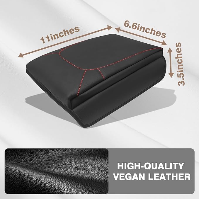 Muslogy Center Console Armrest Cover Fit for Chevrolet Colorado/GMC Canyon 2023-2026 Accessories, Comfort Armrest Pad Console Lid Cushion Vegan Leather 1-Inch Extra Thick(Red Stitching)