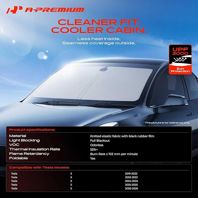 A-Premium Front Windshield Sun Shade Compatible with Tesla Model S 2019 2020 2021 2022 2023 2024 2025 2026 Foldable Sunshade Block UV Rays with Storage Bag